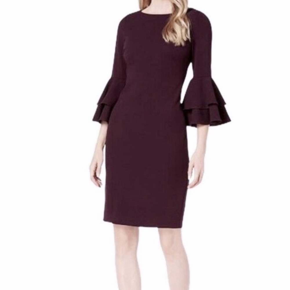 Calvin Klein Purple Double Tiered Bell Sleeve Stretch Crepe Sheath‎ Dress Size 6